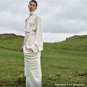 Solace London RARE Sorina Dress Ivory Satin One Sleeve Midi Dress Size 10
